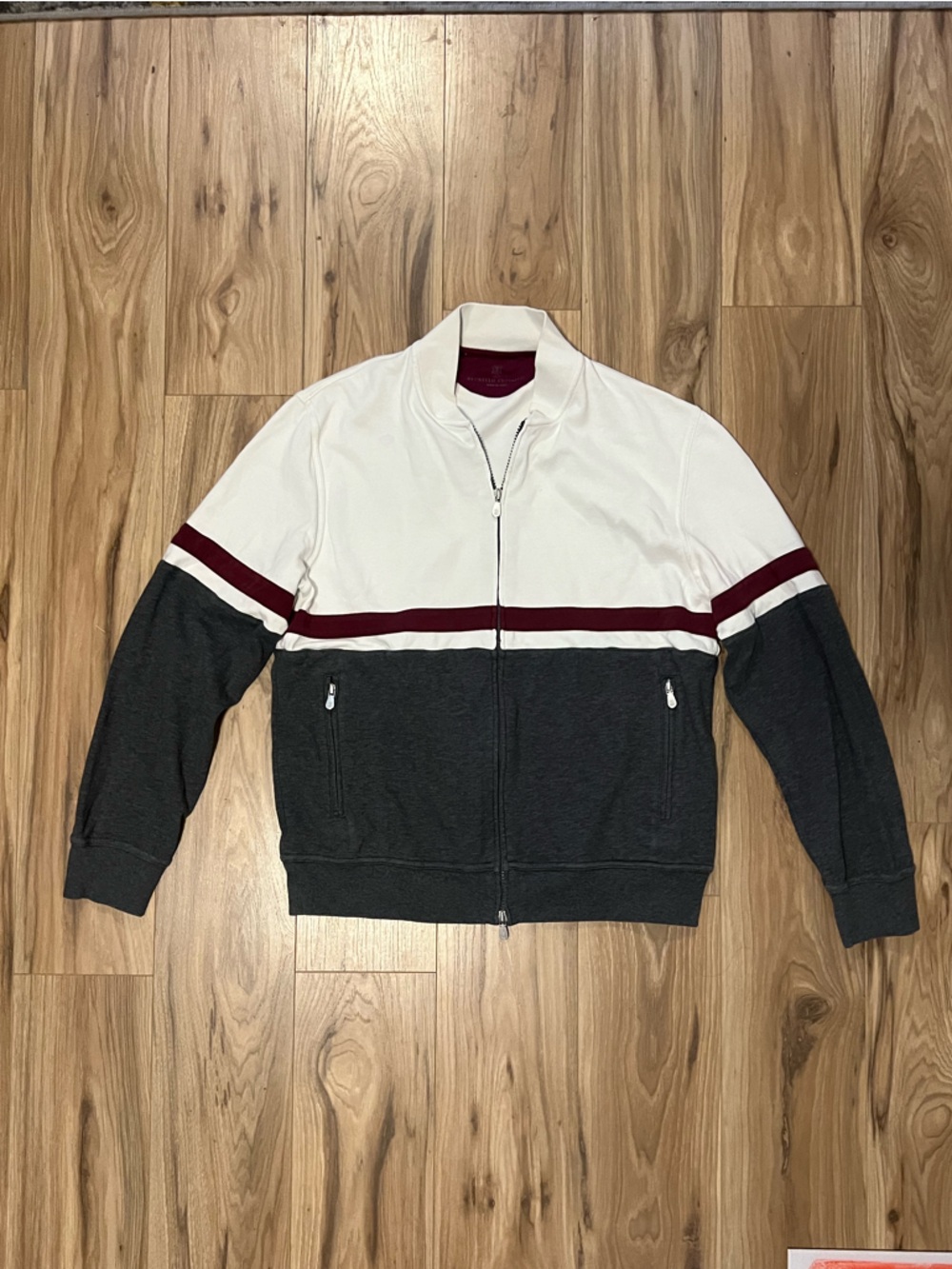 Brunello Cucinelli Mens Cream and Gray Zip-Up Sweater